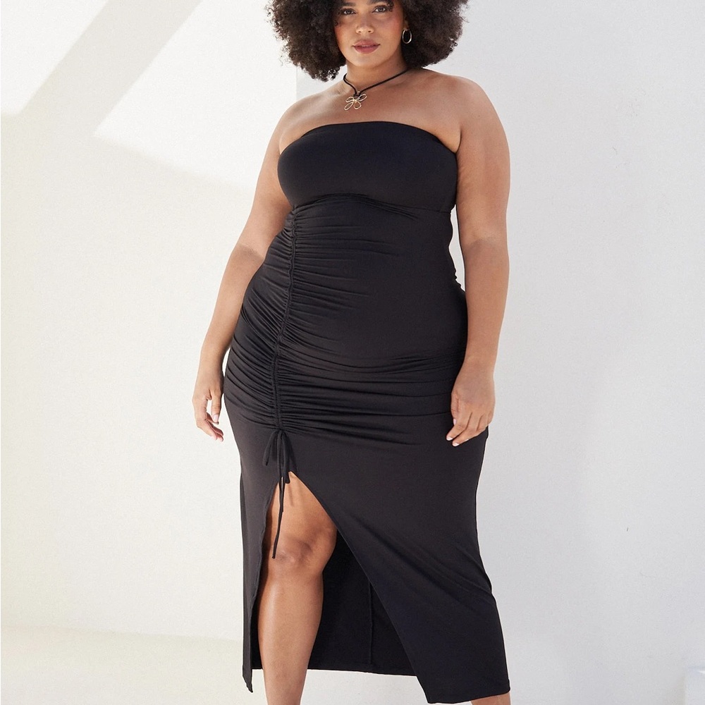 What Lo Wants Black Ruched Dress with Beautiful slit